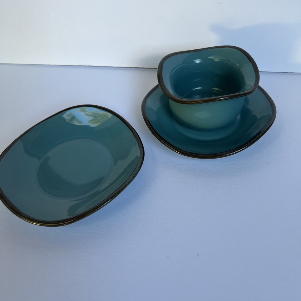 Southern Living At Home Tuscan Tidbit Bowl & 2 Saucers Turquoise Blue NEW